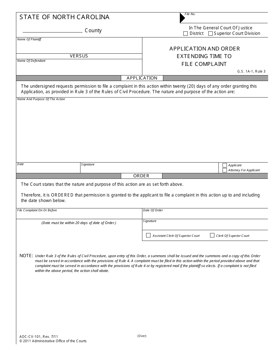 Form AOC-CV-101 Application and Order Extending Time to File Complaint - North Carolina, Page 1