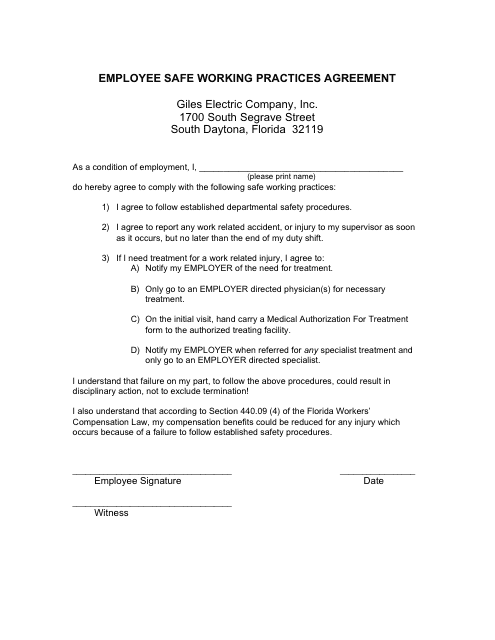 Employee Safe Working Practices Agreement Template - Gas Electric Company - Florida Download Pdf