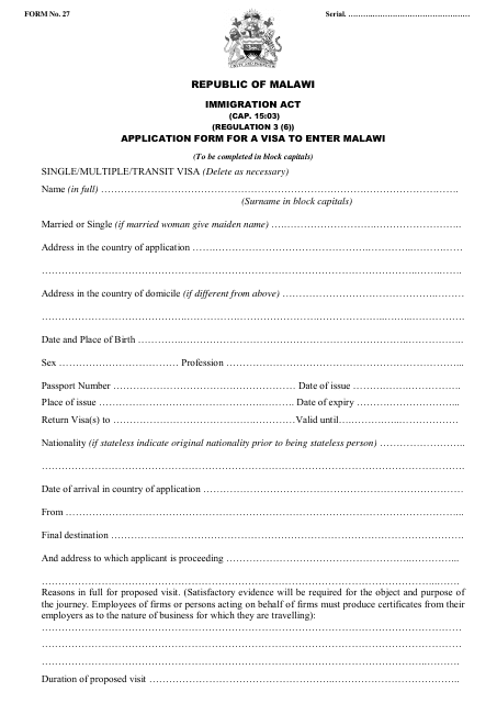 Form 27 Application Form for a Visa to Enter Malawi - Malawi