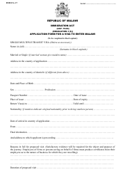 Form 27 Application Form for a Visa to Enter Malawi - Malawi