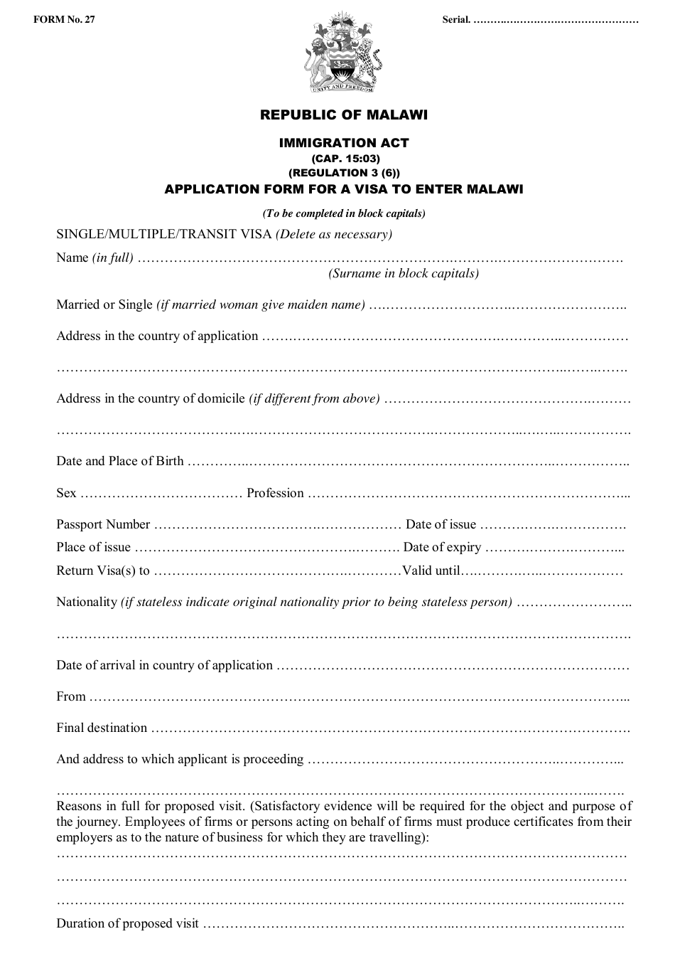 Form 27 Application Form for a Visa to Enter Malawi - Malawi, Page 1