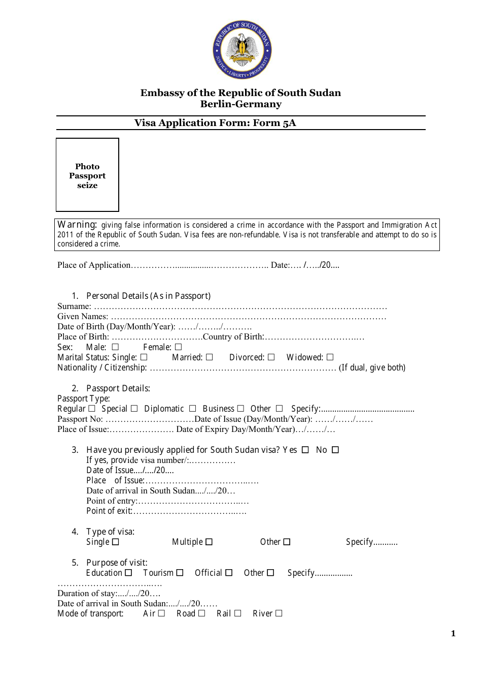 Form 5A Sudan Visa Application Form - Embassy of the Republic of South Sudan - Berlin, Germany, Page 1