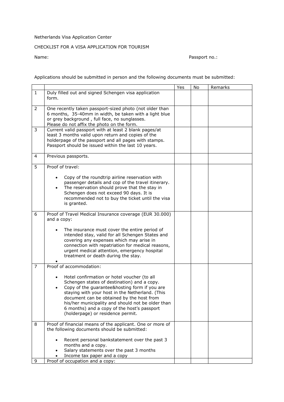 Netherlands Tourism Visa Application Checklist - Netherlands Visa ...