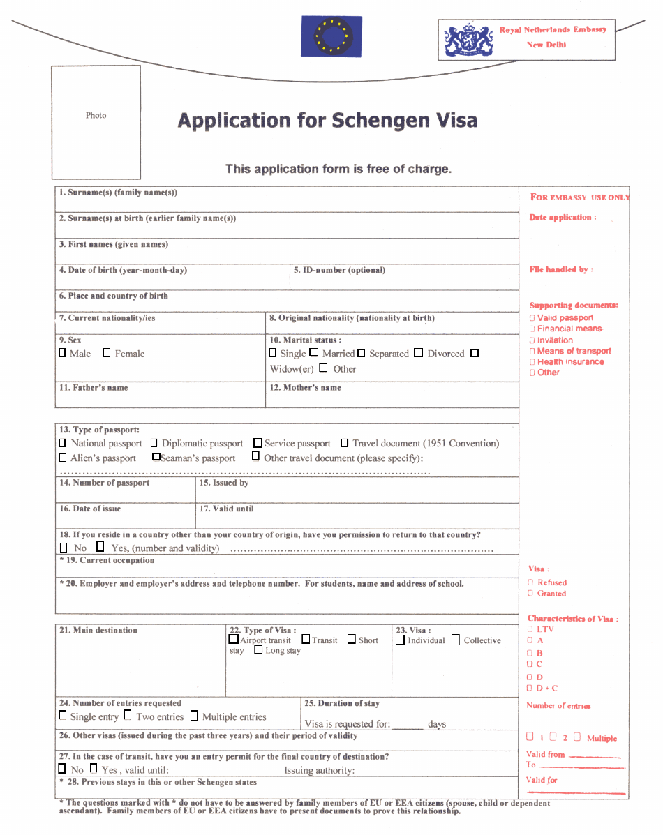 Schengen Visa Application Form - Royal Netherlands Embassy in New Delhi - New Delhi, Delhi, India, Page 1
