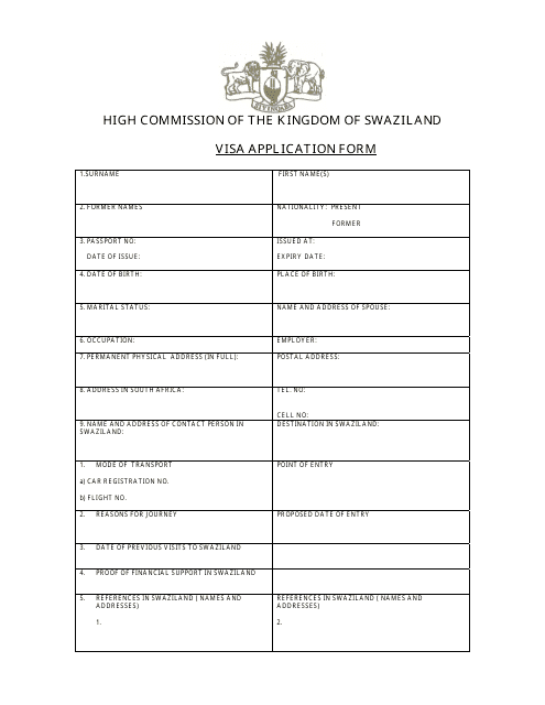 Swaziland Visa Application Form - High Commission of the Kingdom of Swaziland Download Pdf