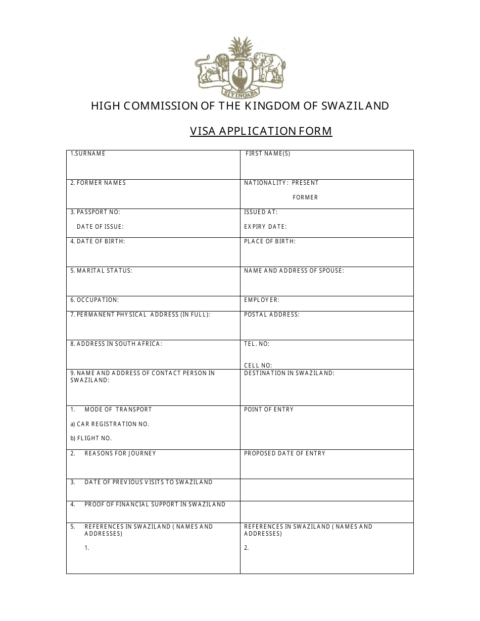 Swaziland Visa Application Form High Commission Of The Kingdom Of Swaziland Fill Out Sign