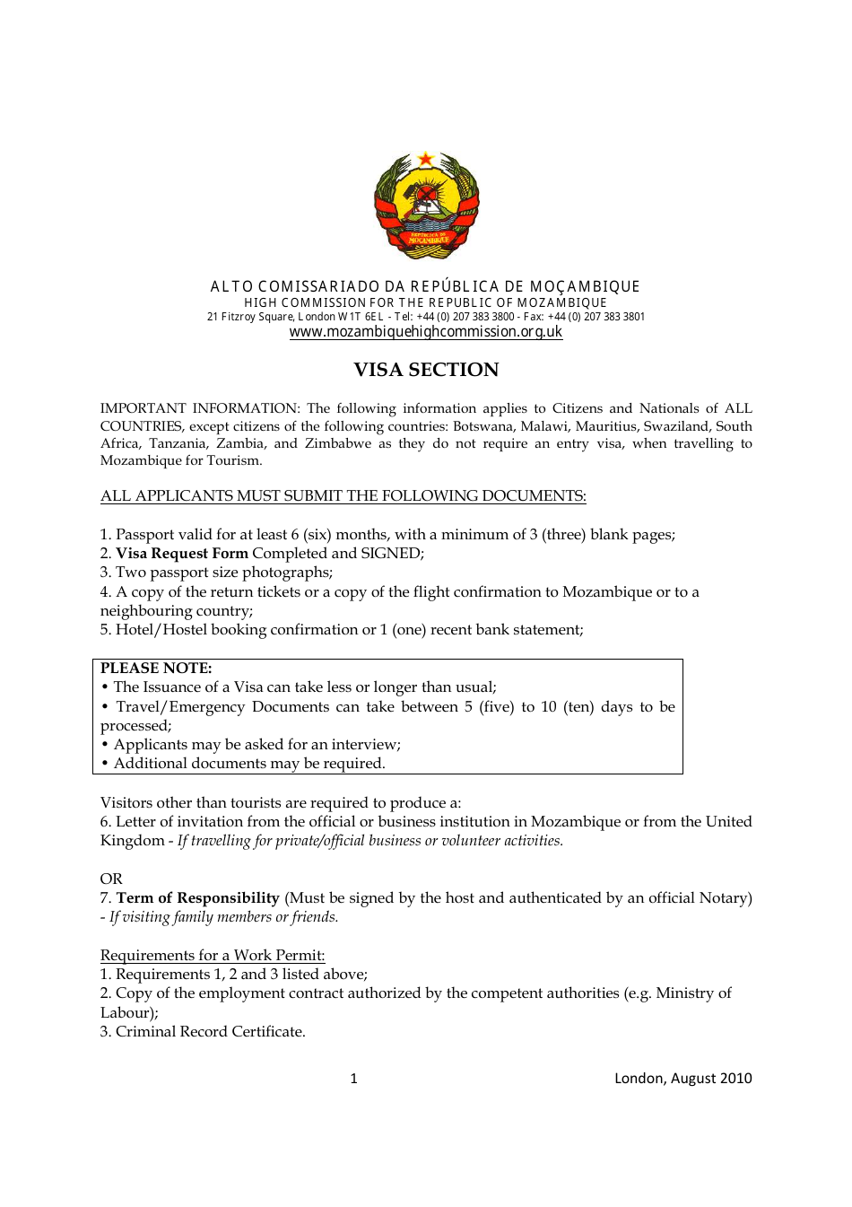 London Greater London United Kingdom Mozambique Visa Application Form High Commission For The