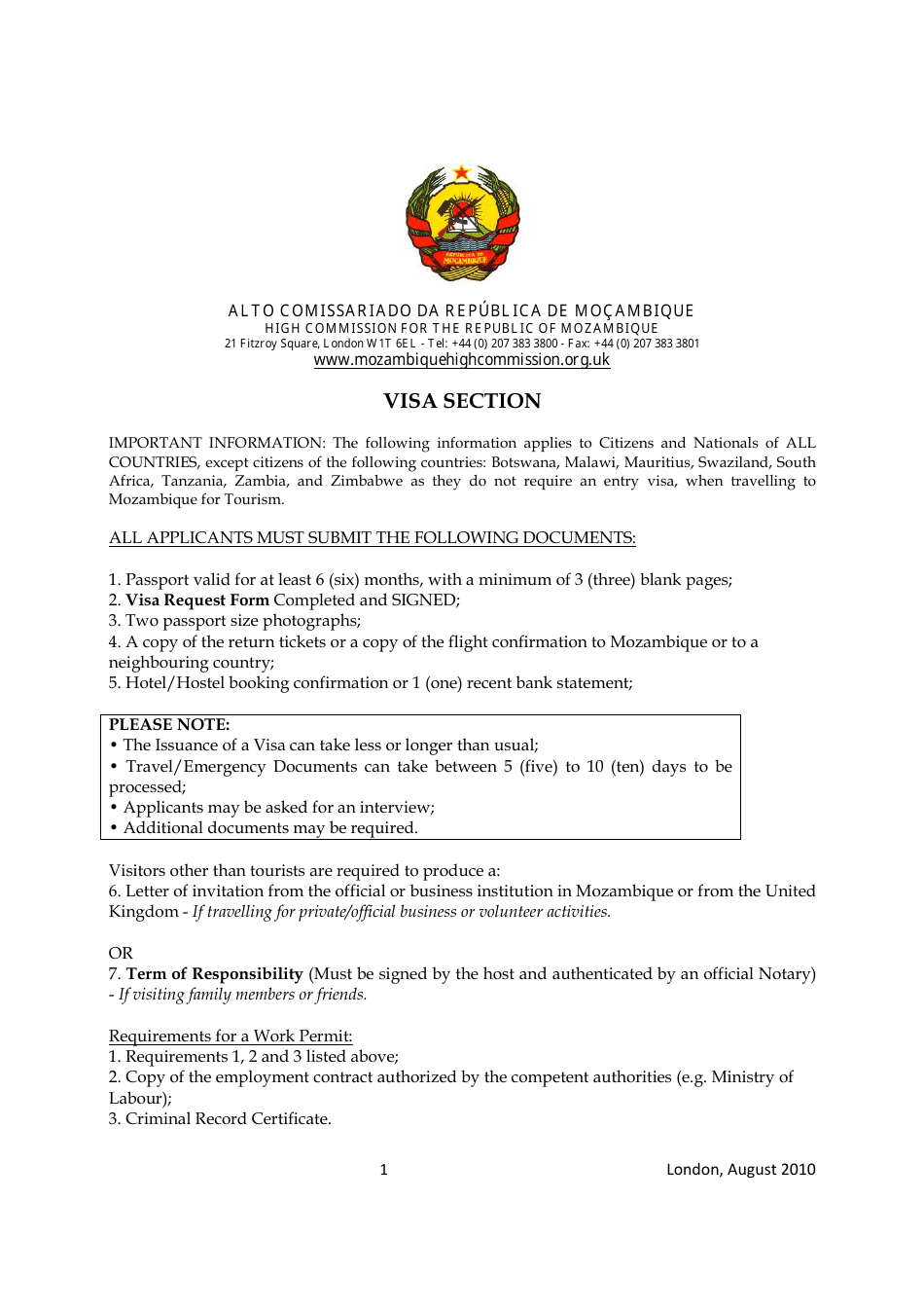 Mozambique Visa Application Form - High Commission for the Republic of Mozambique - London, Greater London, United Kingdom (English / Spanish), Page 1