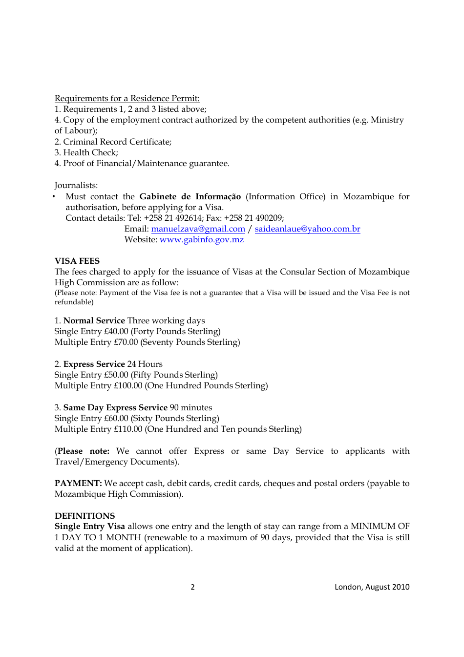 Mozambique Visa Application Form - High Commission for the Republic of Mozambique - London, Greater London, United Kingdom (English / Spanish), Page 2