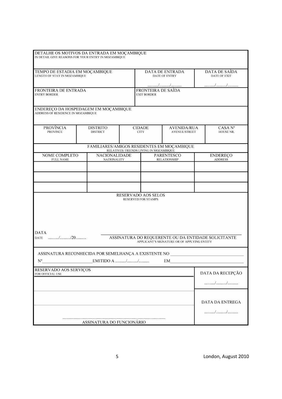 London, Greater London United Kingdom Mozambique Visa Application Form 