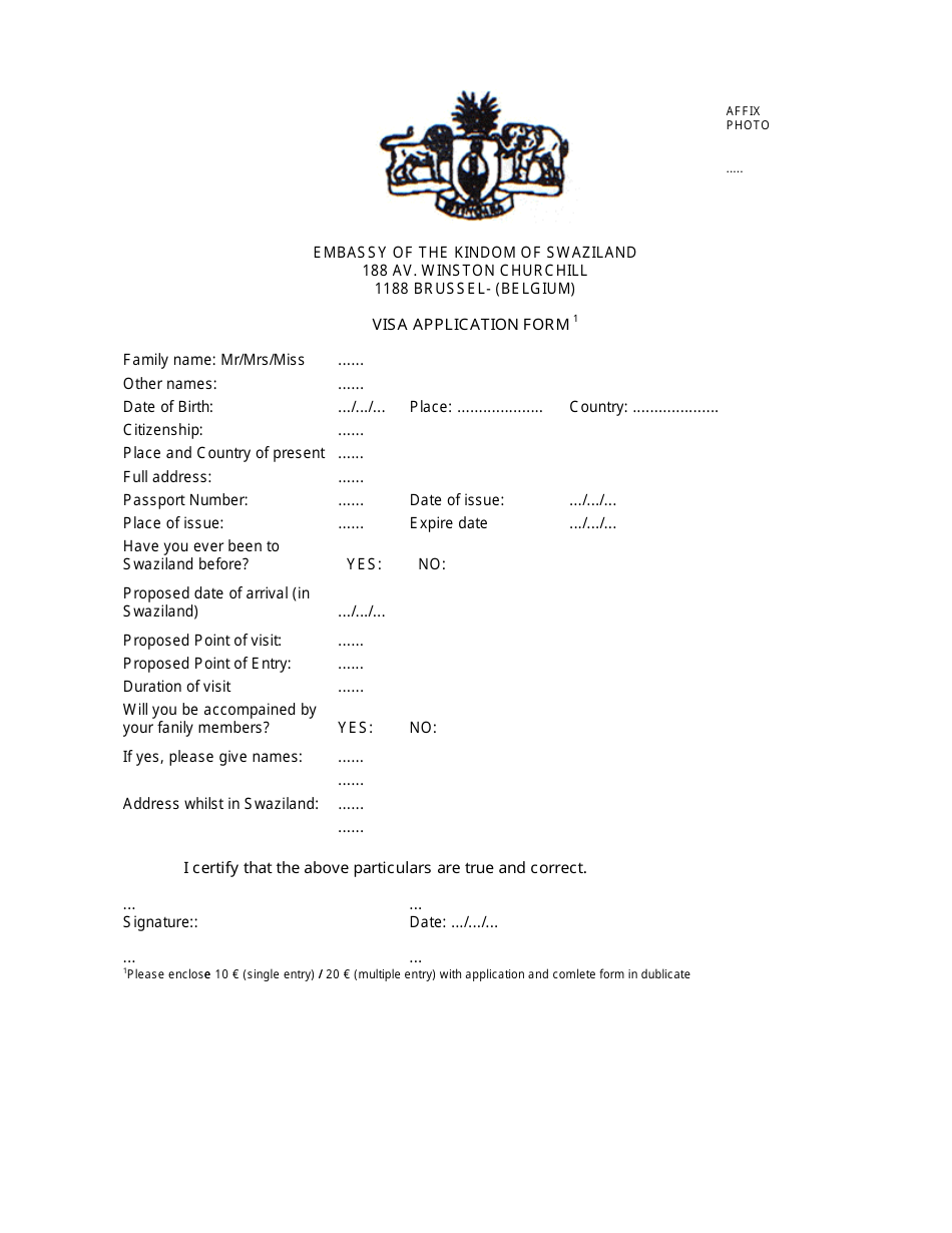 Swaziland Visa Application Form - Embassy of the Kindom of Swaziland - City of Brussels, Brussels-Capital Region, Belgium, Page 1