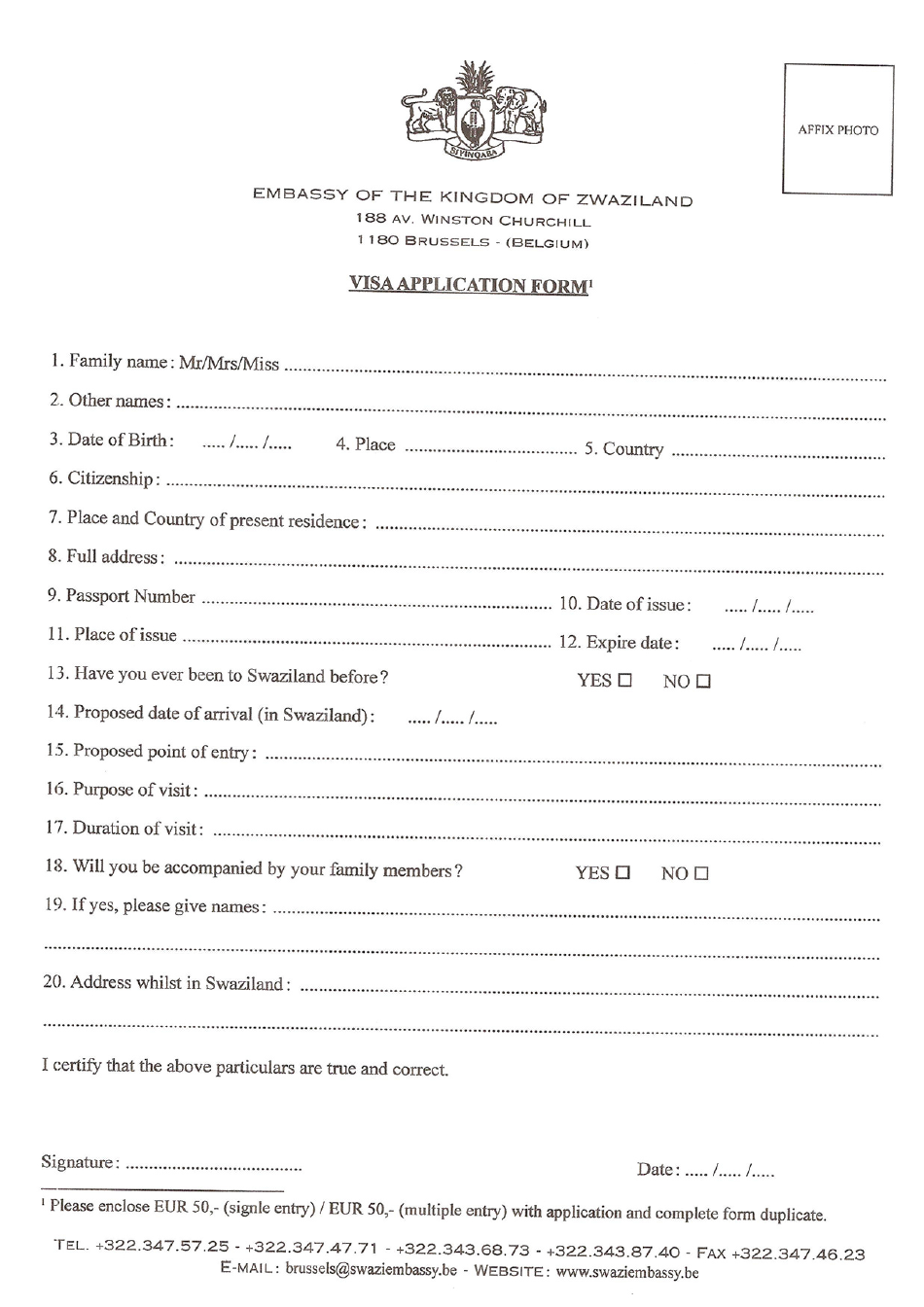 Swaziland Visa Application Form - Embassy of the Kingdom of Zwaziland - City of Brussels, Brussels-Capital Region, Belgium, Page 1
