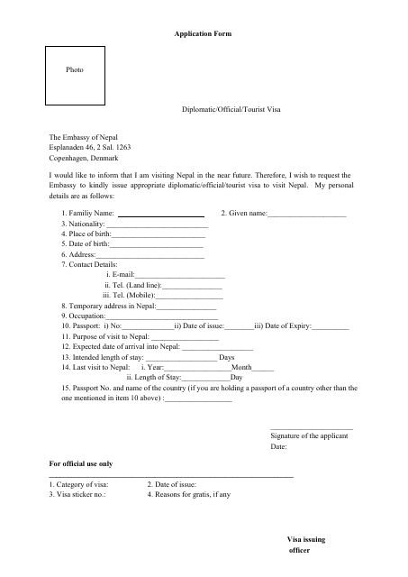 Nepal Diplomatic / Official / Tourist Visa Application Form - the Embassy of Nepal - City of Copenhagen, Denmark Download Pdf