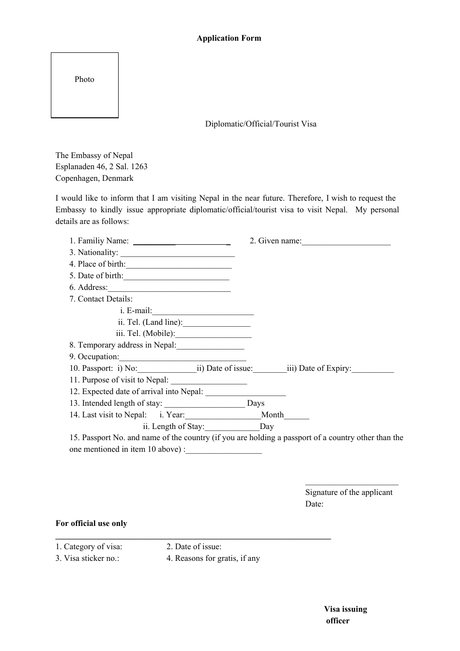 Nepal Diplomatic / Official / Tourist Visa Application Form - the Embassy of Nepal - City of Copenhagen, Denmark, Page 1