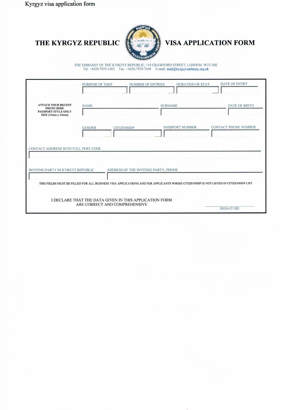 Kygyz Visa Application Form - the Embassy of the Kyrgyz Republic - Greater London, United Kingdom, Page 1