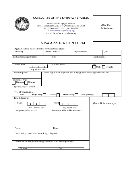 Kyrgyz Visa Application Form - Consulate of the Kyrgyz Republic - Washington, D.C. Download Pdf