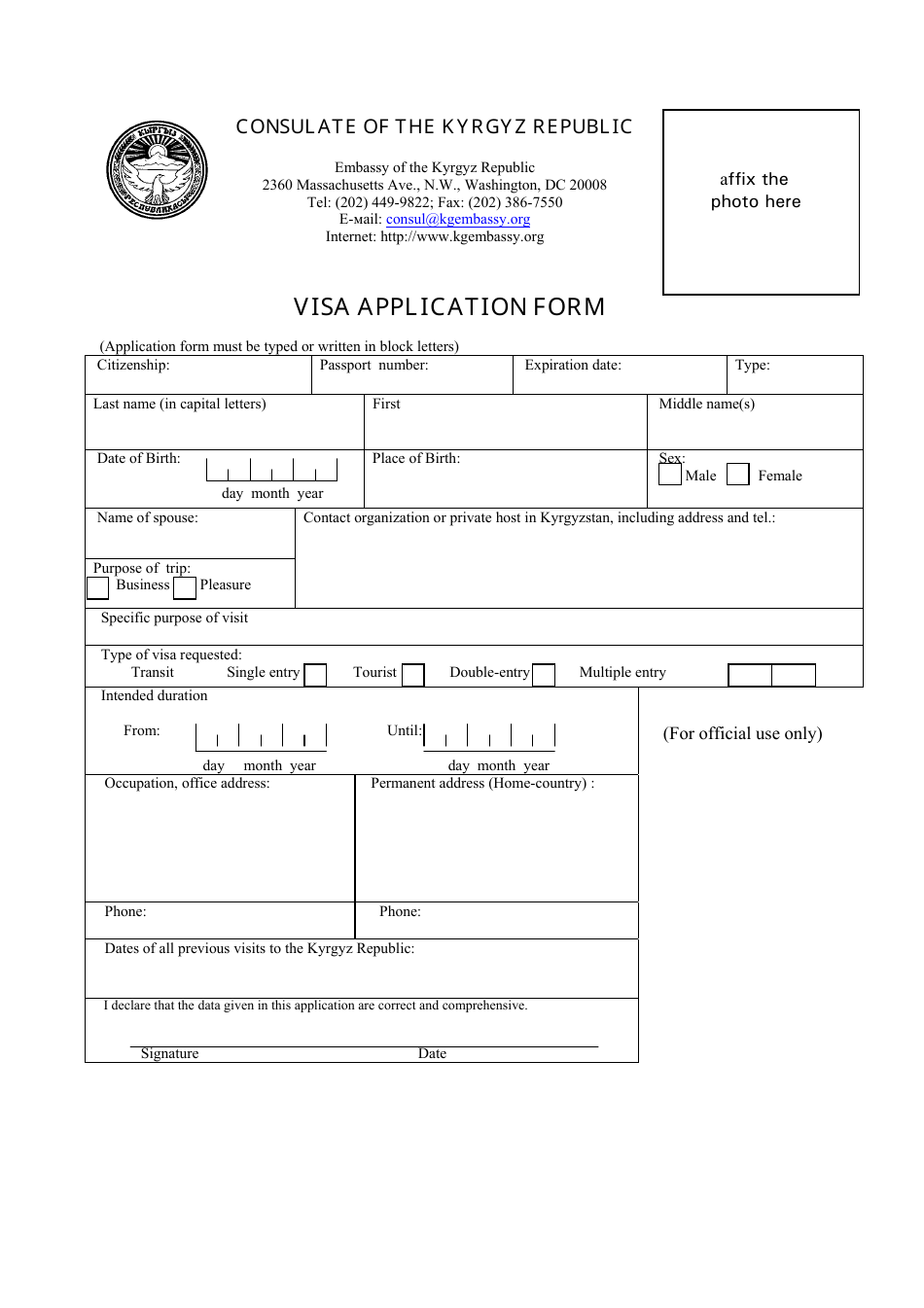 Washington D C Kyrgyz Visa Application Form Consulate Of The Kyrgyz Republic Fill Out Washington D C Kyrgyz Visa Application Form Consulate Of The Kyrgyz Republic Fill Out