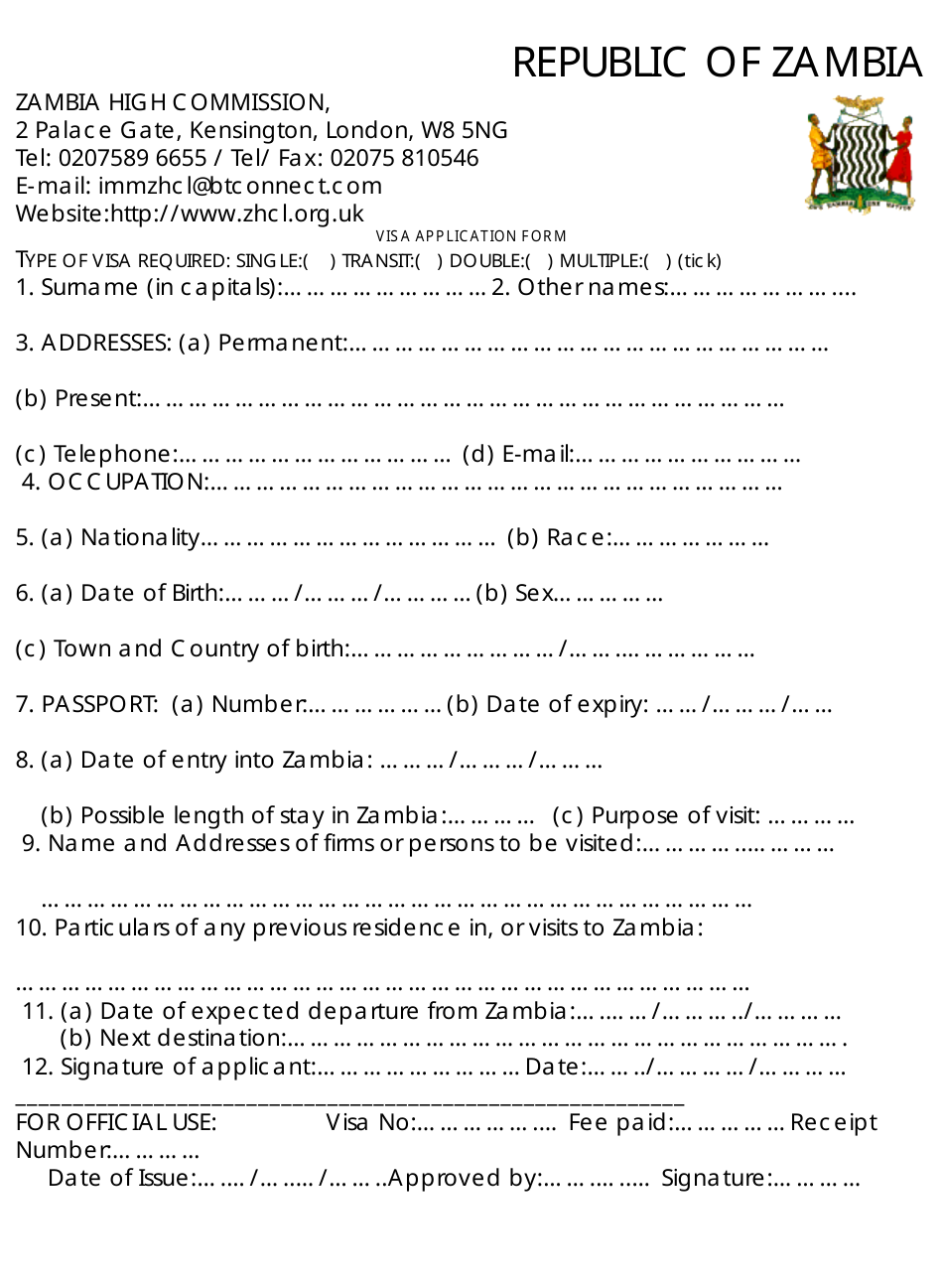 Zambia Visa Application Form - Zambia High Commission - City of London, Greater London, United Kingdom, Page 1