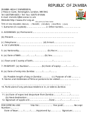 Document preview: Zambia Visa Application Form - Zambia High Commission - City of London, Greater London, United Kingdom