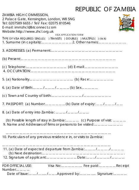 Zambia Visa Application Form - Zambia High Commission - City of London, Greater London, United Kingdom