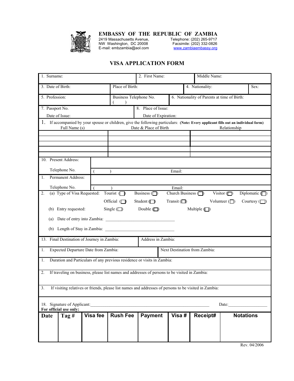 Washington D C Zambia Visa Application Form Embassy Of The Republic Of Zambia Fill Out