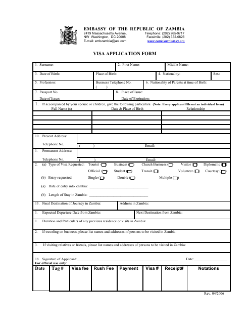 Zambia Visa Application Form - Embassy of the Republic of Zambia - Washington, D.C. Download Pdf