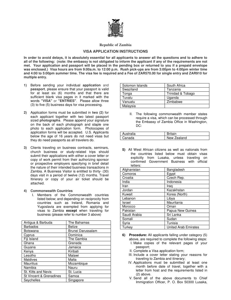 Zambia Visa Application Form - High Commission of the Republic of Zambia - Pretoria, Gauteng, South Africa, Page 1