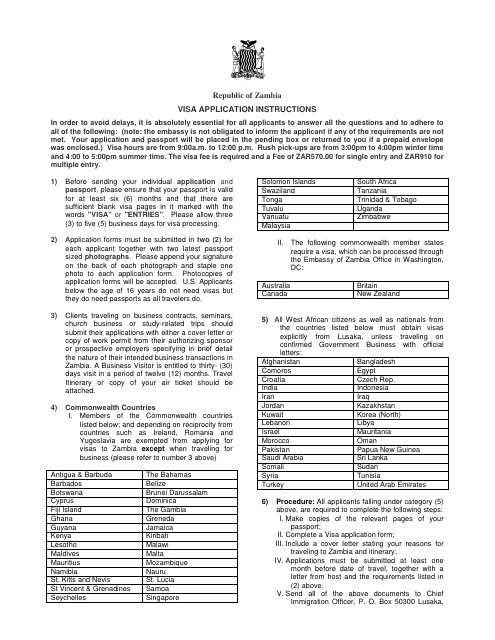 Zambia Visa Application Form - High Commission of the Republic of Zambia - Pretoria, Gauteng, South Africa Download Pdf