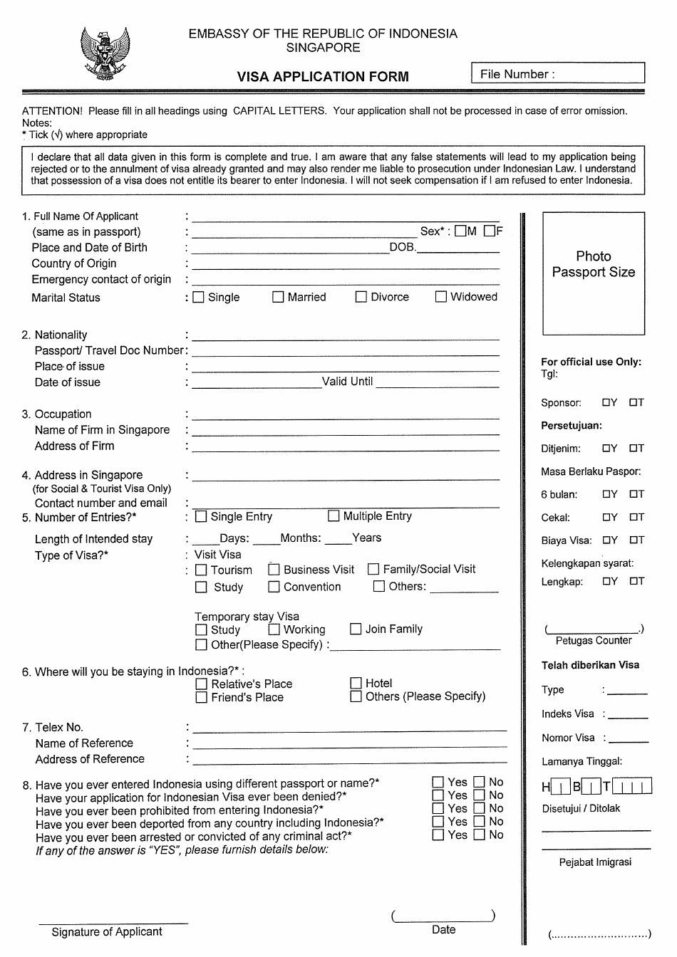 Indonesian Visa Application Form - Embassy of the Republic of Indonesia - Singapore, Page 1