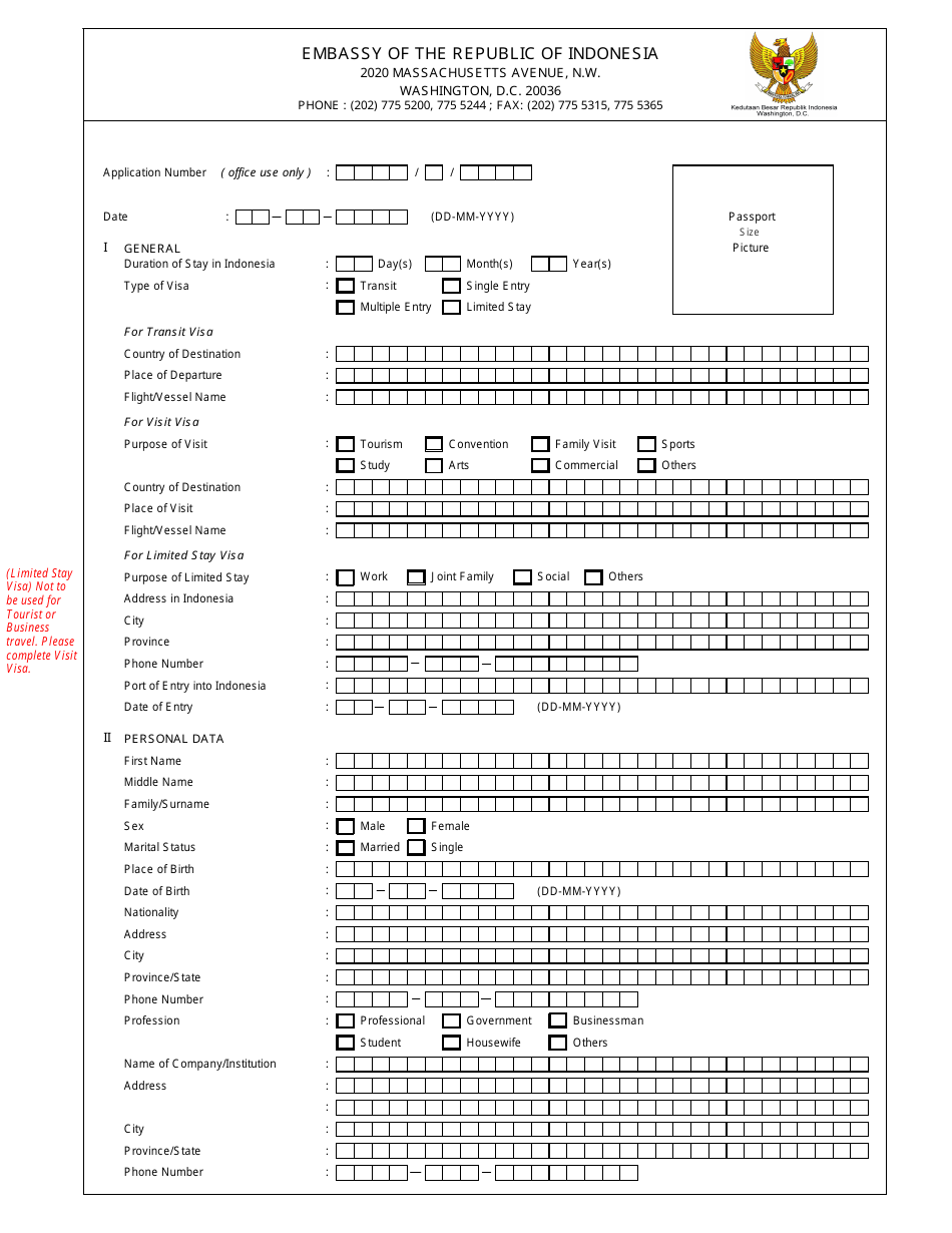 Indonesian Visa Application Form - Embassy of the Republic of Indonesia - Washington, D.C., Page 1