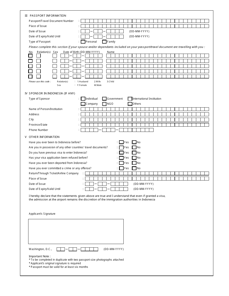 Washington D C Indonesian Visa Application Form Embassy Of The Republic Of Indonesia Fill