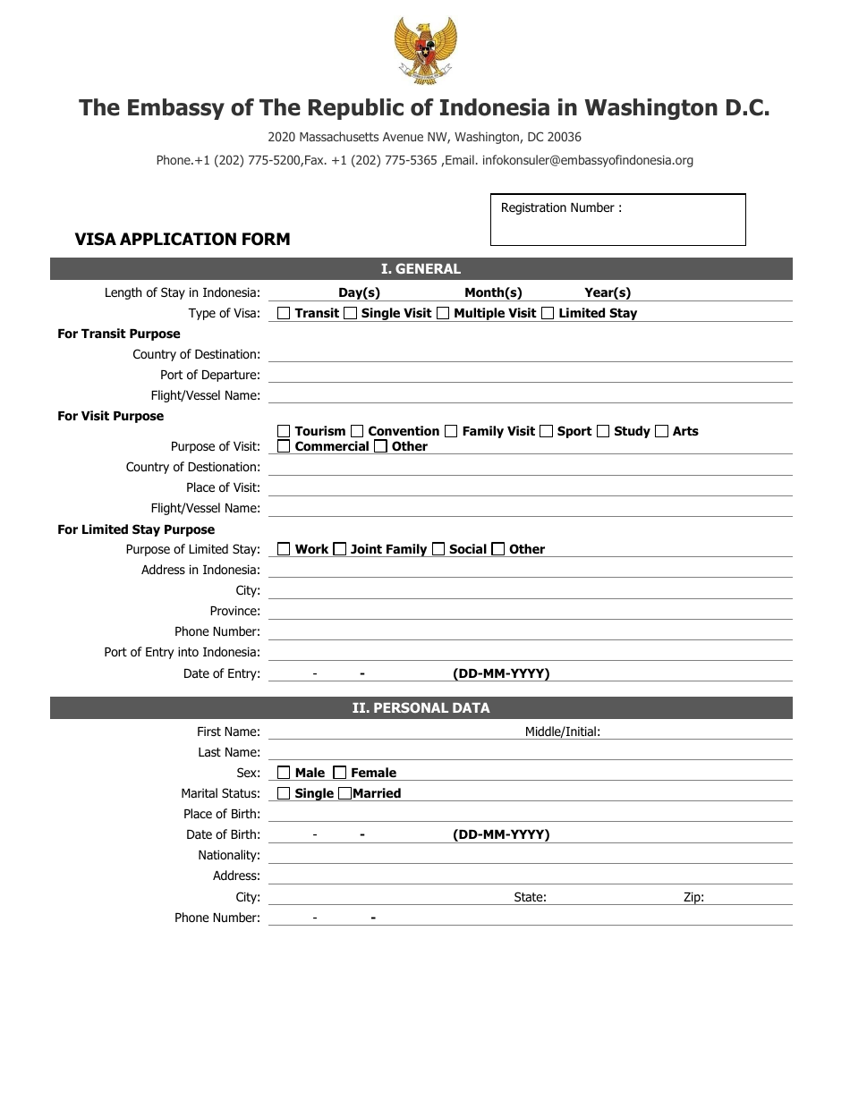 Indonesian Visa Application Form - the Embassy of the Republic of Indonesia - Washington, D.C., Page 1