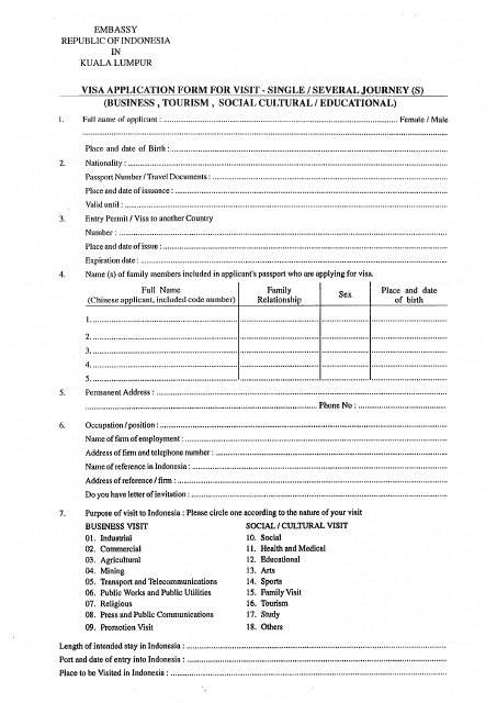 &quot;Indonesian Visa Application Form for Visit - Single/Several Journey(S) (Business, Tourism, Social Cultural / Educational) - Embassy of the Republic of Indonesia in Kuala Lumpur&quot; - Kuala Lumpur, Malaysia Download Pdf