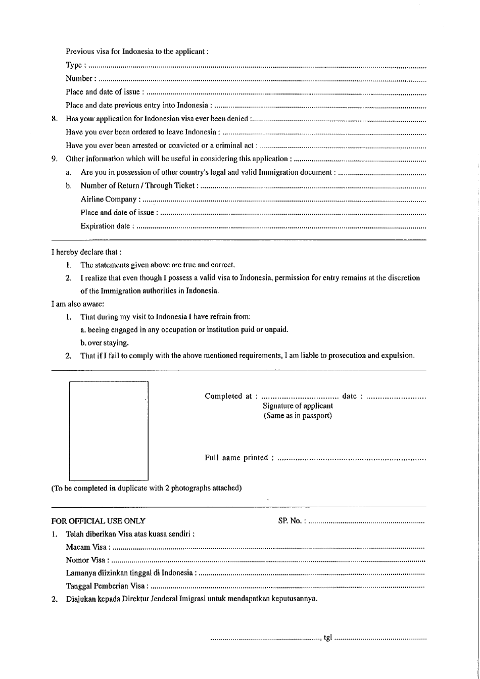 Indonesian Visa Application Form for Visit - Single / Several Journey(S) (Business, Tourism, Social Cultural / Educational) - Embassy of the Republic of Indonesia in Kuala Lumpur - Kuala Lumpur, Malaysia, Page 2