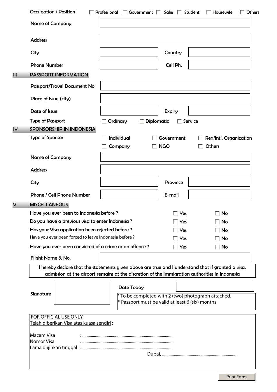 Dubai United Arab Emirates Indonesian Visa Application Form - Consulate ...