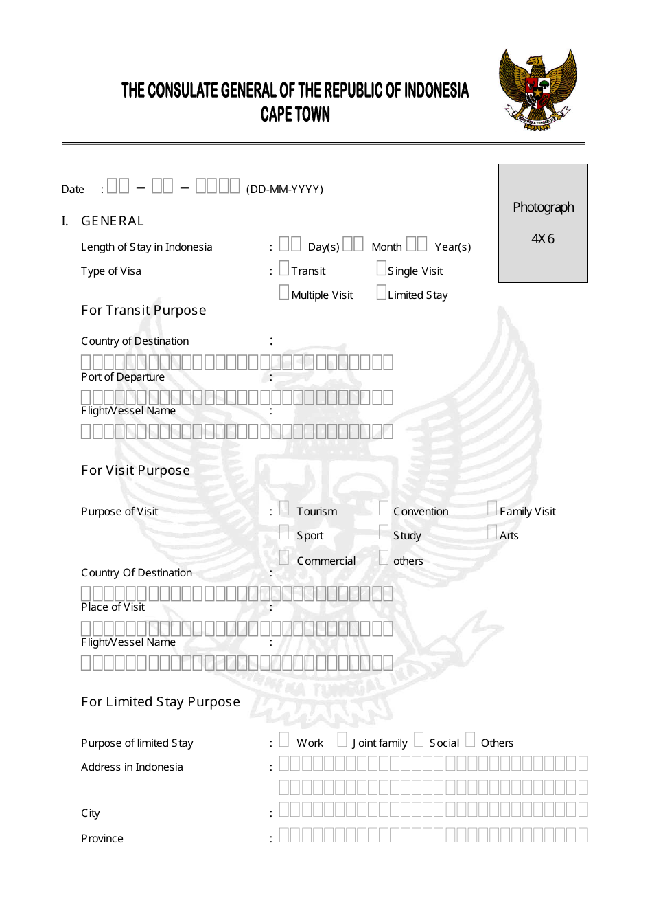 Indonesian Visa Application Form - the Consulate General of the Republic of Indonesia - Cape Town, Western Cape, South Africa, Page 1