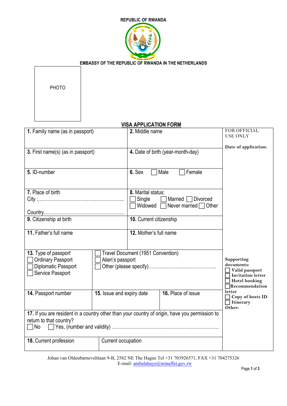 Rwanda Visa Application Form - Embassy of the Republic of Rwanda in the Netherlands - The Hague, South Holland, Netherlands, Page 1