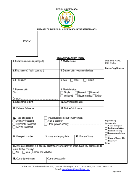 &quot;Rwanda Visa Application Form - Embassy of the Republic of Rwanda in the Netherlands&quot; - The Hague, South Holland, Netherlands Download Pdf