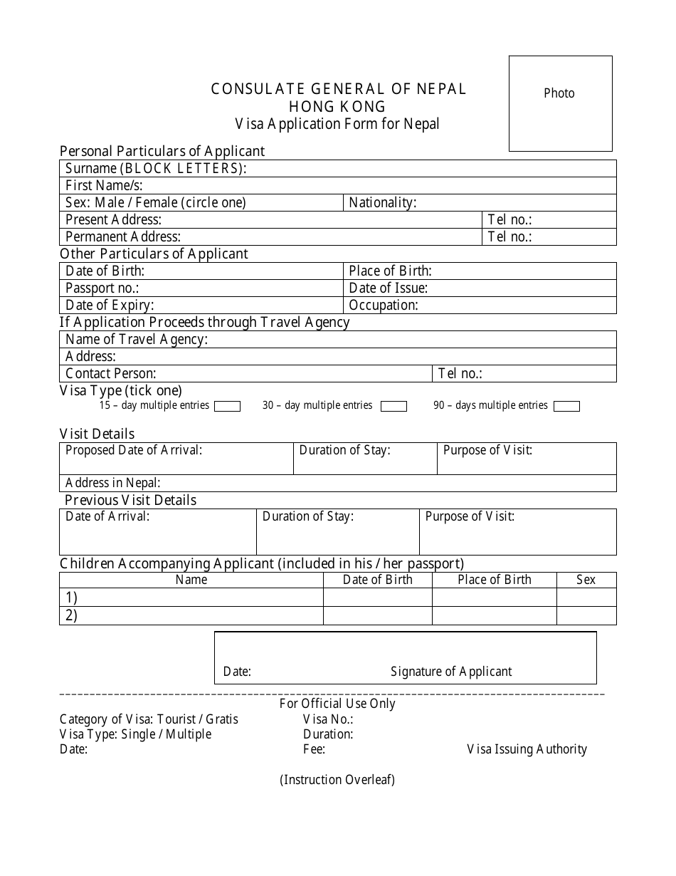 Nepal Visa Application Form - Consulate General of Nepal, Hong Kong - Kowloon City, Hong Kong, Page 1