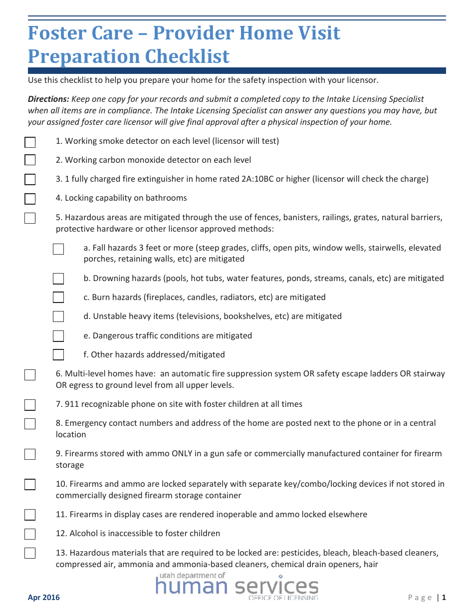 Foster Care - Provider Home Visit Preparation Checklist Form - Utah, Page 1