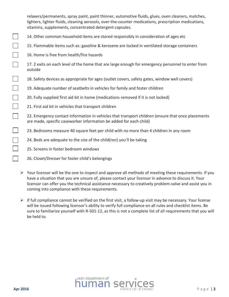 Foster Care - Provider Home Visit Preparation Checklist Form - Utah, Page 2