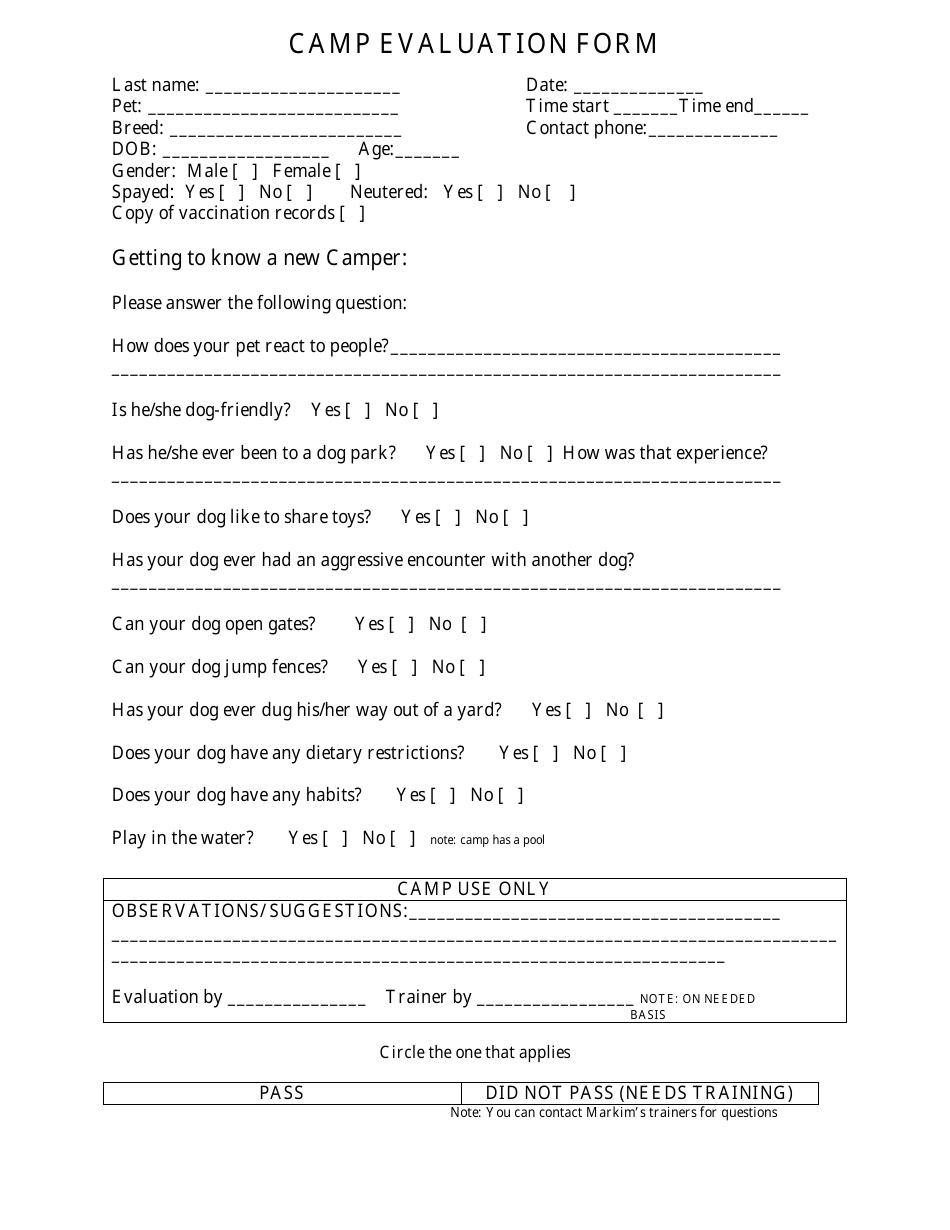 Camp Evaluation Form - Markim Pet Resort, Page 1