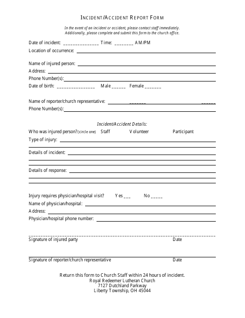 Incident / Accident Report Form - Royal Redeemer Lutheran Church Download Pdf