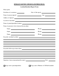 Document preview: Accident/Incident Report Form - Binkley Baptist Church and Preschool