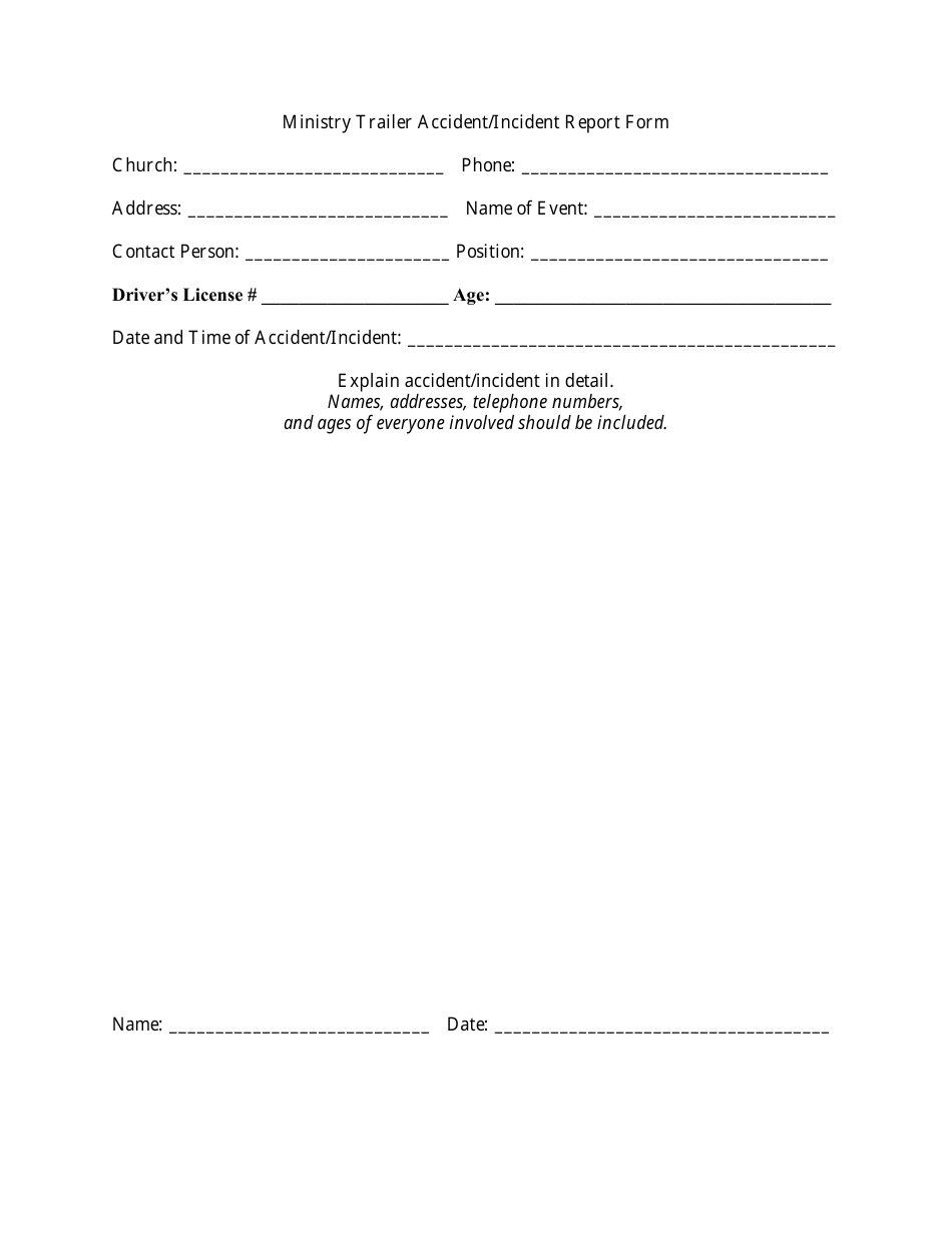 Ministry Trailer Accident / Incident Report Form, Page 1