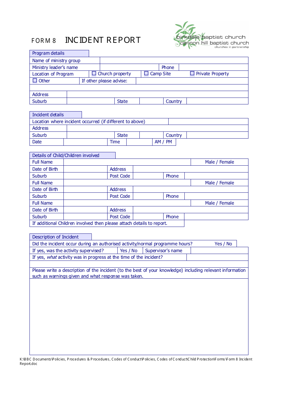 Incident Report Form - Birkdate Baptist Church, Cannon Hill Baptist ...