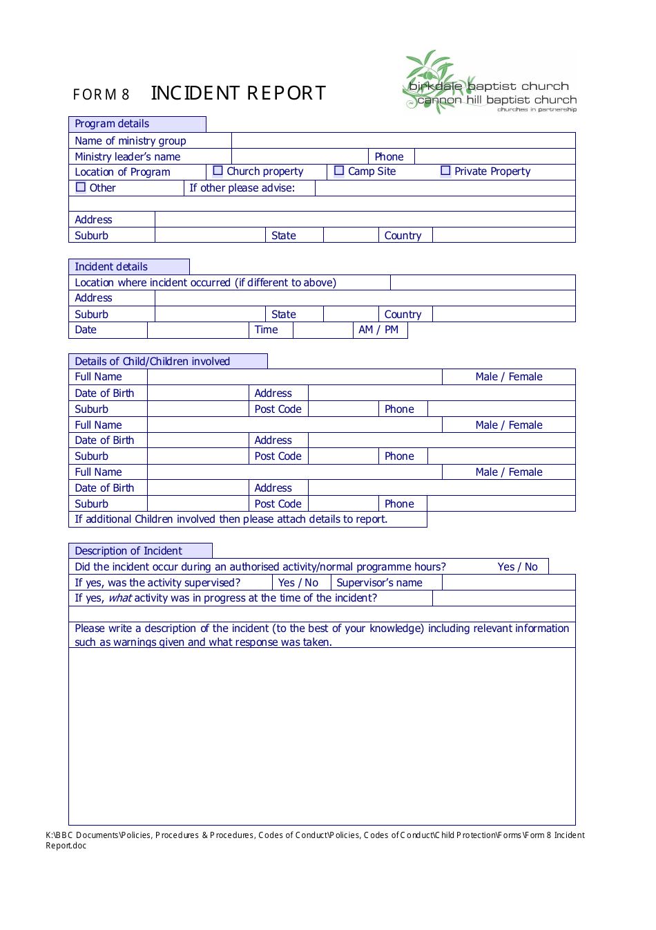 Incident Report Form - Birkdate Baptist Church, Cannon Hill Baptist Church, Page 1