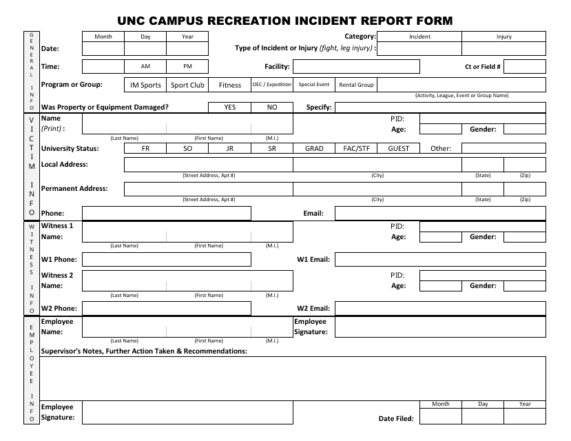 Campus Recreation Incident Report Form - Unc Download Pdf
