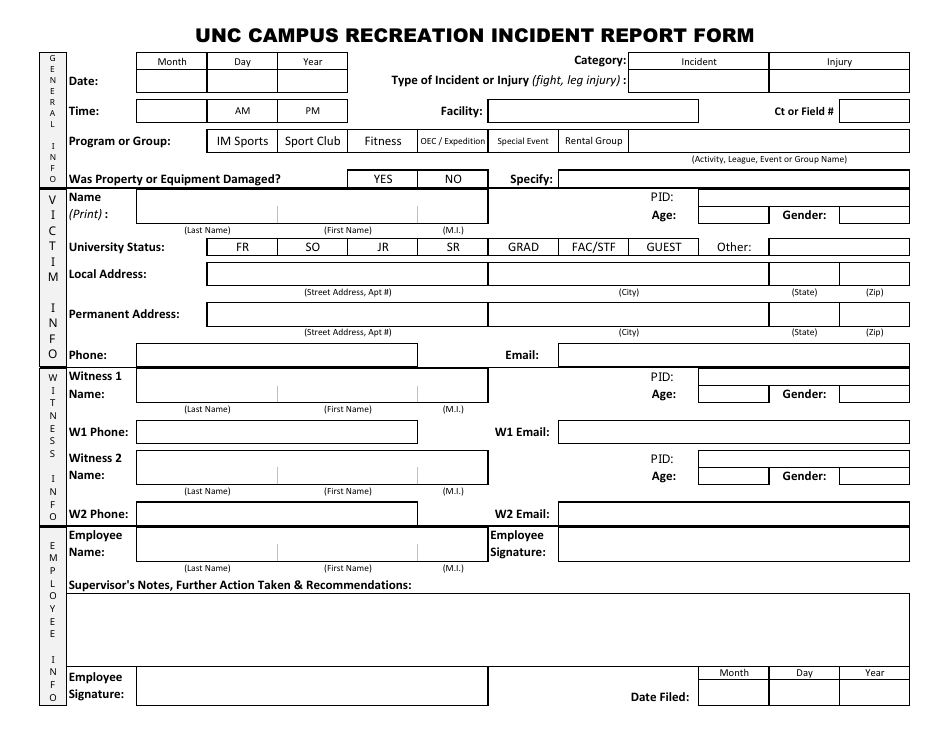 Campus Recreation Incident Report Form - Unc, Page 1