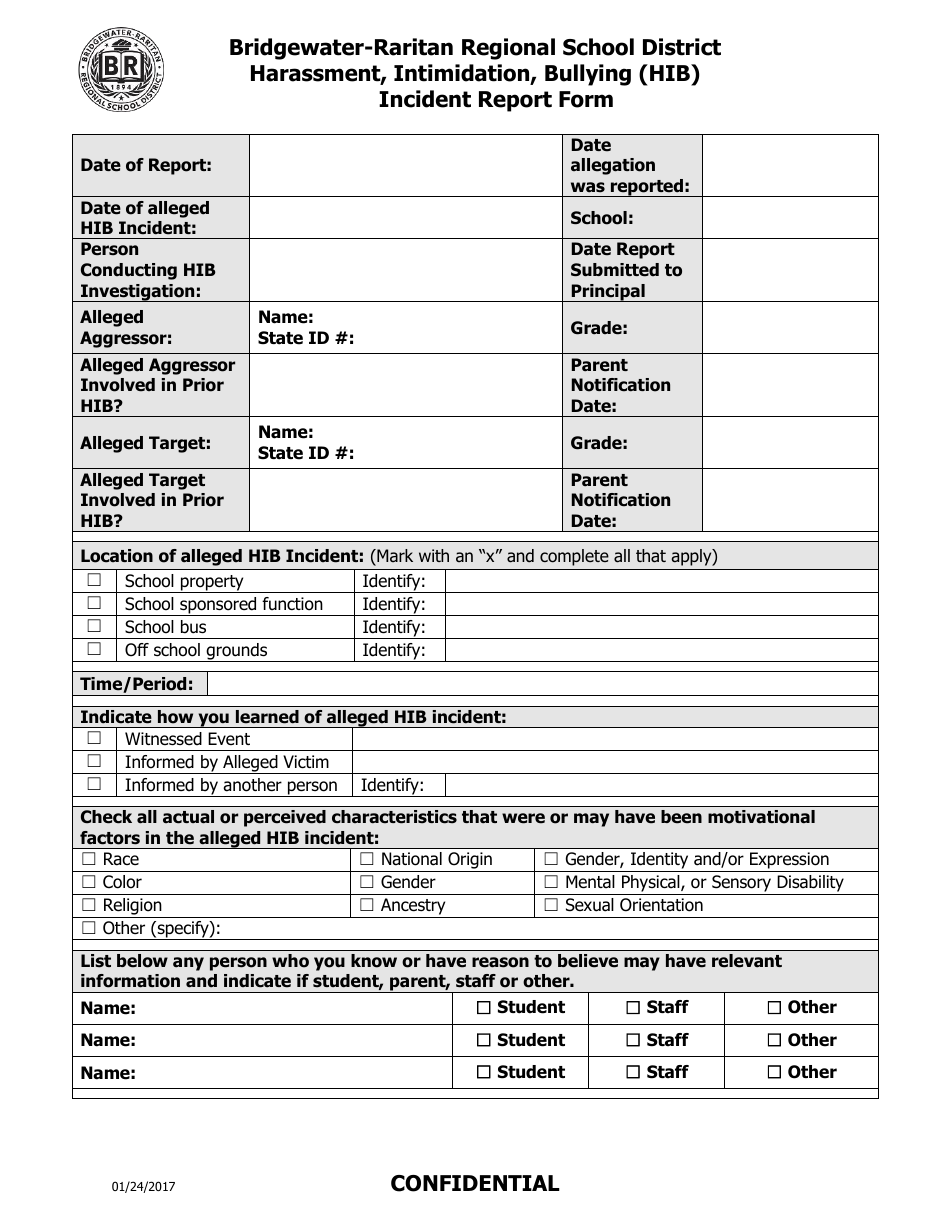 Harassment, Intimidation, Bullying (Hib) Incident Report Form - Bridgewater-Raritan Regional School District, Page 1